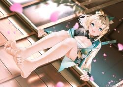 barefoot blonde_hair casino_(casinoep) feet female foot_fetish foot_focus haori hololive hololive_japan holox kazama_iroha looking_at_viewer sarashi smile soles solo sword toes virtual_youtuber