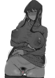 bangs blush breasts censored closed_mouth clothes_lift clothes_pull commentary_request covered_nipples eyebrows_visible_through_hair female female_pubic_hair greyscale heart heart_censor highres huge_breasts komi-san_wa_komyushou_desu komi_shouko long_hair long_sleeves looking_at_viewer mole_on_stomach monochrome pants pants_pull pubic_hair pubic_hair_neat pussy pussy_juice simple_background solo sweat sweater sweater_lift sweating_profusely tanishi_(tani4) turtleneck turtleneck_sweater