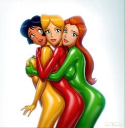 3girls alex_(totally_spies) arched_back black_hair blonde_hair blue_eyes bodysuit breast_grab breast_grab_from_behind brown_eyes catsuit clover_(totally_spies) dark_skin disney_channel drew_gardner female female_only fully_clothed green_eyes groping groping_breasts groping_from_behind group hug hugged_from_behind human latex latex_clothing latex_gloves latex_suit lineup pale_skin red_hair redhead rubber_suit sam_(totally_spies) shiny_clothes side_view standing surprised tight_clothing totally_spies trio white_background