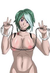 big_breasts cowboy_shot genderswap_(mtf) green_hair kusarigama loki_(shuumatsu_no_valkyrie) nude purple_eyes rule_63 short_hair shuumatsu_no_valkyrie