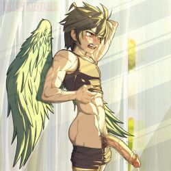 1boy abs balls big_penis black_hair black_wings blush clothing curtains dark_pit embarrassed inicka-iniers kid_icarus kid_icarus_uprising male male_only nintendo penis pubic_hair red_eyes scar scars sunlight teeth tongue veiny_penis window wings