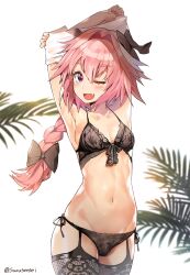 1boy astolfo_(fate) bra bulge fang fate_(series) femboy lingerie male male_only panties pink_hair solo suou-sensei trap white_shirt winking_at_viewer