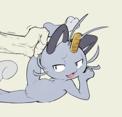 alolan_meowth anthro coin cute_fangs disembodied_hand dodudoru female flexible genitals grey_body hi_res meowth nintendo pokémon_(species) pokemon pussy regional_form_(pokémon) solo stretching video_games