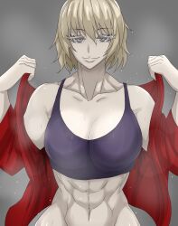 1girls abs anastasiya_(zokusuke) blonde_hair bra breasts light-skinned_female looking_at_viewer muscular_female original sports_bra sweat taking_clothes_off zokusuke