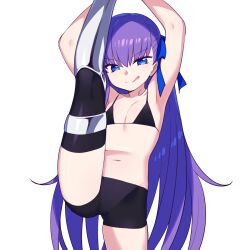 armor arms_up bikini black_bikini black_legwear black_thighhighs blue_eyes chan_co fate/grand_order fate_(series) female female_only flat_chest hair_ribbon leg_lift leg_up long_hair looking_at_viewer meltryllis purple_eyes purple_hair smile solo stretching swimsuit thighhighs tongue_out type-moon vertical_splits