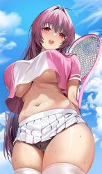 damda fate/grand_order fate_(series) no_bra panties scathach_(fate) short_skirt tagme tennis_racket tennis_uniform underboob