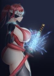 1girls armor big_ass big_breasts big_butt bodysuit breasts cleavage cleavage_cutout huge_ass huge_breasts katana large_breasts looking_down lunar_avenger magic original original_character red_eyes red_hair side_view sideboob skin_tight skindentation solo_female sword unsheathing