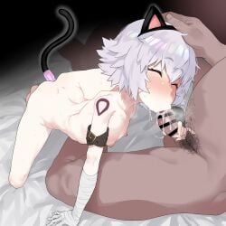 1boy :>= anal_tail animal_ears arm_belt ass bandaged_arm bandages black_gloves blush cat_ears cat_tail censored collagen fake_tail fate/apocrypha fate/grand_order fate_(series) fellatio female flat_chest flat_chested gloves green_eyes happy_sex jack_the_ripper_(fate/apocrypha) nipples nude oral penis scar scar_across_eye scar_on_cheek scar_on_face shoulder_tattoo single_glove straight tail tattoo white_hair