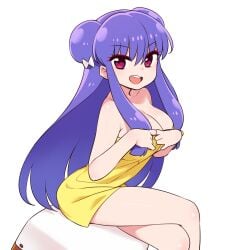 big_breasts chan_co cleavage crossed_legs double_bun female female_only large_breasts long_hair looking_at_viewer open_mouth purple_hair ranma_1/2 red_eyes shampoo_(ranma_1/2) sitting smile solo towel