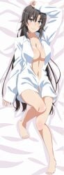 alluring bare_legs big_breasts black_hair dakimakura dakimakura_design female grey_eyes happy_female hiratsuka_shizuka lab_coat_only lieass looking_at_viewer my_teen_romantic_comedy_snafu naked_from_the_waist_down thin_female