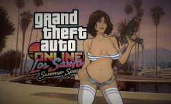 1girls bare_shoulders bikini_top bottomless, brown_eyes brown_hair cleavage collarbone grand_theft_auto grand_theft_auto_online gta_online_female_character hairy_pussy huge_breasts karika3323 karika_(karika3323) navel peeing, peeing_on_ground pussy_juice short_hair squatting, text thighhighs