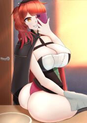 ass azur_lane bathroom big_ass big_breasts breast_focus breasts cape cleavage door evening grin huge_ass huge_breasts looking_at_viewer orange_eyes phone red_hair selfie side_ponytail sink sitting sitting_on_desk skindentation skirt_lift smile zara_(azur_lane)