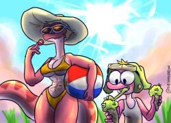 2021 abs amphibia amphibian anthro ball beach_ball bikini breasts clothing dessert disney duo eyewear eyewear_on_head female food frog hi_res ice_cream male newt non-mammal_breasts salamander_(amphibian) smooth_skin sprig_plantar summer sun sun_hat sunglasses swimwear thedarkzircon under_boob young yunan