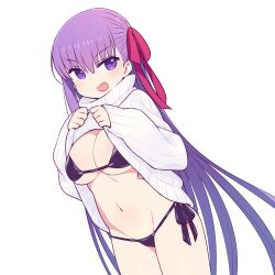 1girls bangs bb_(fate) big_breasts bikini black_bikini blush chan_co cleavage eyebrows_visible_through_hair fate/grand_order fate_(series) female female_only hair_ribbon long_hair long_sleeves looking_at_viewer navel open_mouth purple_eyes purple_hair red_ribbon ribbed_sweater ribbon shirt_lift side-tie_bikini simple_background sleeves_past_wrists smile solo solo_female sweater sweater_lift swimsuit turtleneck turtleneck_sweater type-moon underboob very_long_hair white_background