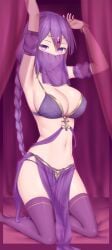 alternate_costume arms_up belly_dancer belly_dancer_outfit big_breasts bikini braid choker cleavage face_veil female female_only gold_(metal) harem_outfit jewelry kneeling long_hair looking_at_viewer melty_blood mouth_veil pelvic_curtain purple_bikini purple_eyes purple_hair purple_thighhighs sideboob single_braid sion_eltnam_atlasia slave_bikini slave_outfit solo soukitsu stockings thighhighs tsukihime type-moon