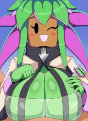 blaster_master blaster_master_zero_2 blue_background blush bodysuit flower green_hair human_on_plantie kanna_(blaster_master) large_breasts looking_at_viewer mob_face night0wi paizuri plant plant_girl plantie simple_background unzipped_bodysuit wink