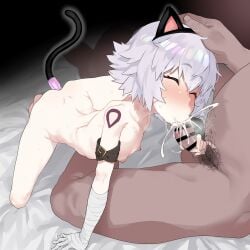 1boy :>= anal_tail animal_ears arm_belt ass bandaged_arm bandages black_gloves blush cat_ears cat_tail censored collagen fake_tail fate/apocrypha fate/grand_order fate_(series) fellatio female flat_chest flat_chested gloves green_eyes happy_sex jack_the_ripper_(fate/apocrypha) male naked nipples nude oral penis scar scar_across_eye scar_on_cheek scar_on_face sex_toy shoulder_tattoo single_glove straight sweat tail tattoo white_hair