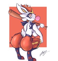 2022 anthro anus ass baseball_bat bat_(object) big_breasts big_butt breasts cinderace female fluffy fluffy_tail fur generation_8_pokemon genitals hi_res lagomorph lavtheghost leporid mammal nintendo nipples nude open_mouth open_smile pokemon pokemon_(species) pussy simple_background smile solo thick_thighs video_games white_body white_fur