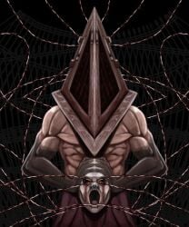 abs barbed_wire blood blood_stain crying headless helmet ialmar_art killer monster muscular muscular_male pyramid_head silent_hill silent_hill_homecoming topless topless_male weapon