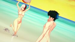 beach beach_ball blush embarrassed_nude_male female_todoroki happy_female izuku_midoriya my_hero_academia naked naked_female naked_male nude_female rule_63 shameless shouto_todoroki sweatdrop water wet wet_skin