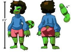 anthro ass balls bittenhard bottomwear bulge claws clothing curled_tail decky_(pongodecky) dessert erection food front_view gelatin genitals hair hi_res jell-o lizard male male_only messy_hair model_sheet penis rear_view reptile scalie shorts solo sweater toe_claws topwear