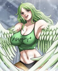 armpits breasts crop_top female female_only green_hair green_shirt large_breasts licking_lips looking_at_viewer looking_down monet_(one_piece) navel nipple_bulge one_piece open_arms rakara11 smiling smiling_at_viewer snow stomach thin_waist waist wings