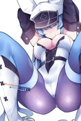 1girls akame_ga_kill! animal_ears arms_up armwear big_breasts blue_eyes blue_hair breasts bunny bunny_ear bunny_ears bunny_girl bunnygirl bunnysuit cameltoe elbow_gloves esdeath_(akame_ga_kill!) eye_contact female gloves hotvr leotard long_hair looking_at_viewer pantyhose patreon playboy_bunny shiny_clothes skindentation smirk smirking smirking_at_viewer staring_at_viewer thick_thighs thigh_strap two-tone_leotard white_background