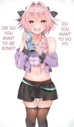 1boy astolfo_(fate) blush erection erection_under_skirt fate/apocrypha fate/grand_order fate_(series) femboy heart_pupils looking_at_viewer male male_only onahole p_answer penetrable_sex_toy pink_hair text