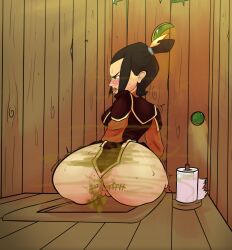 1girls annoyed anus ass avatar_the_last_airbender azula black_hair blush clothing fart fart_fetish farting female female_focus female_only lewdpunch medium_breasts pussy solo_female squat_toilet