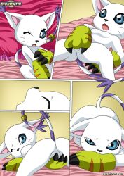 1girls ass bbmbbf bed bedroom comic comic_page digihentai digimon female female_only fingering gatomon gatomon_in_heat_2 masturbation palcomix pillow pussy solo