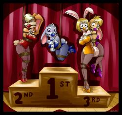 ball_gag bianca_(spyro) bondage bunny bunny_ears bunny_girl carrot_(one_piece) clothing competition_swimsuit female female_only furry gag high_heels judy_hopps lola_bunny looney_tunes one_piece pantyhose rope_bondage spiderweber spyro_the_dragon tail tied_up zootopia