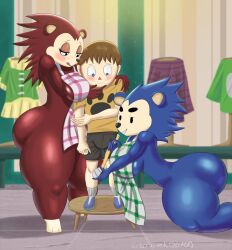 animal_crossing anthro ass big_breasts blue_body blue_fur blush breasts brown_body brown_fur bulge clothed clothing detailed_background eulipotyphlan female fur goldcrustedchicken group hedgehog human human_on_anthro interspecies mabel_able male mammal nintendo open_mouth open_smile partially_clothed sable_able sibling sister sisters smile teasing tongue tongue_out video_games villager_(animal_crossing)