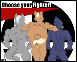 anthro ass avian balls barely_visible_genitalia bird canid canine canis falco_lombardi feathers fox fox_mccloud fur furry genitals group male male/male mammal mr._brapion muscular muscular_anthro muscular_male nintendo presenting presenting_hindquarters star_fox super_smash_bros. trio video_games wolf wolf_o'donnell