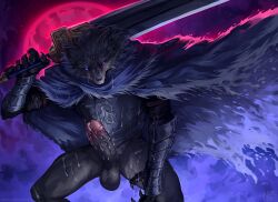 2022 anthro armor blaidd_(elden_ring) bodily_fluids canid canine canis cape claws clothing cum digital_media_(artwork) elden_ring erection fromsoftware fur gauntlets genital_fluids genitals gloves handwear humanoid_genitalia humanoid_penis licking licking_lips looking_at_viewer male male_only mammal nurinaki penis saliva solo solo_male tongue tongue_out video_games weapon wolf