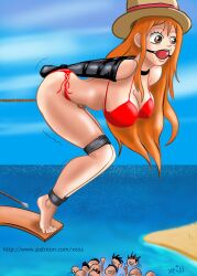 ball_gag beach bondage brown_eyes diving_board feet female gag male nami one_piece orange_hair pirate rope_bondage tape_bondage tattoo thief xeiss