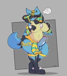 anthro breast_grab breast_squish breasts clothing dialogue foreskin futanari genitals hand_on_breast herm hetfli hi_res intersex lucario nintendo penis pokemon pokemon_(species) pokemon_unite ruins_style_lucario solo squish standing talking_to_viewer video_games