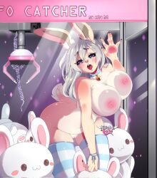 2021 5_fingers against_surface anthro ass bell bell_collar big_breasts breasts breasts_against_glass clothing collar crane_game female fingers genitals grey_hair hair hi_res koukysato lagomorph legwear leporid looking_at_viewer mammal navel nipples on_glass open_mouth pattern_clothing pattern_legwear pattern_stockings plushie pussy rabbit solo stockings striped_clothing striped_legwear striped_stockings stripes tongue tongue_out wide_hips