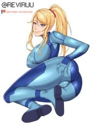 1girls ass blonde_hair blue_eyes bodysuit breasts female light-skinned_female light_skin looking_at_viewer metroid nintendo nipple_bulge nipples ponytail reviruu samus_aran signature smiling_at_viewer solo thighs tomboy zero_suit zero_suit_samus