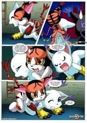 1boy 2girls anal anal_sex anus ass balls bbmbbf blackgatomon comic comic_page digihentai digimon doggy_style female gatomon gatomon_in_heat male male/female mikemon palcomix penis pussy sex