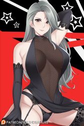 alternate_costume armpits armwear aslindsamure breasts clothed clothed_female g-string garter_belt garter_straps hand_behind_head legwear light-skinned_female light_skin lingerie long_hair looking_at_viewer panties persona persona_5 sae_niijima shadow_sae_(cosplay) shin_megami_tensei sleeves smiling_at_viewer thighs