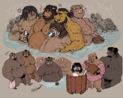 2022 5:4 anthro balls bathing belly big_belly brown_body flaccid genitals group hi_res humanoid_genitalia humanoid_hands humanoid_penis male male/male male_only mammal moobs nipples overweight overweight_male penis pure_command suid suina sus_(pig) wild_boar