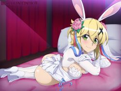 akatsuki_kirika ass bed blonde_hair blush bow breasts chuunioniika cleavage closed_mouth female flower gloves green_eyes hair_between_eyes hair_flower hair_ornament hair_ribbon high_heels highres leotard looking_at_viewer lying medium_breasts on_side pillow ribbon senki_zesshou_symphogear shiny shiny_hair shiny_skin short_hair smile solo thighhighs white_gloves white_legwear white_leotard x_hair_ornament