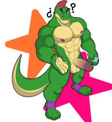 1boy abs alligator alligatorid anthro balls bara boner condom crocodilian digital_media_(artwork) erection five_nights_at_freddy's five_nights_at_freddy's:_security_breach genitals green_body hair hi_res humanoid_genitalia humanoid_penis lizard looking_at_viewer male male_only mohawk montgomery_gator_(fnaf) muscular_male nipples nude pecs penis randy_d_raccoon reptile scalie scottgames sexual_barrier_device simple_background solo solo_male video_games