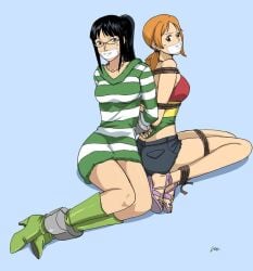 black_hair blue_eyes bondage brown_eyes feet female female_only gag hogtie lostonezero nami nico_robin one_piece orange_hair pirate pre-timeskip rope_bondage tape_bondage tape_gag tattoo thief toenail_polish