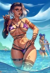 2022 2girls abs arimatang bikini black_hair blue_eyes breasts character_in_background cypher_(valorant) facial_markings facial_piercing fade_(valorant) female female_only fish fit fit_female hand_on_hip heterochromia hips large_breasts leg_tattoo mole mole_on_breast mole_on_stomach mole_on_thigh mole_under_eye neon_(valorant) nose_piercing nose_ring ocean outdoors short_hair slim_waist tattoo thick_lips thick_thighs thigh_strap thighs tribal_tattoo two_tone_hair valorant water white_hair wide_hips yellow_eyes