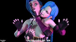 2girls arcane arcane_jinx blue_eyes blue_hair dirtymansfm domination femdom jinx_(league_of_legends) league_of_legends multiple_girls pale_skin purple_eyes purple_light scared small_breasts source_filmmaker tagme tattoo