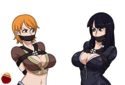 2girls artist_request big_breasts black_hair blue_eyes bondage brown_eyes duo female female_only gag leather_minidress multiple_girls nami nico_robin one_piece orange_hair pirate pre-timeskip tape_gag tattoo thief water_7