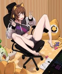 animal_ears barefoot brown_hair caught caught_masturbating chair computer deliciousmeatart double_v drooling feet legs_up spread_legs stealth_masturbation underboob v wet_fingers