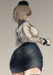 akitaka_takaaki ass big_ass black_skirt blonde_hair breasts coffee_mug cup female from_behind garrison_cap girls'_frontline grey_background hat high-waist_skirt highres huge_ass large_breasts looking_at_viewer looking_back mp40_(girls'_frontline) mug panties_visible_through_clothing pantylines pencil_skirt red_eyes short_hair simple_background skirt solo tight_clothing tight_skirt