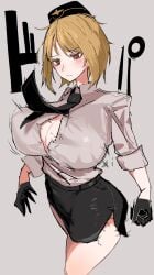 akitaka_takaaki black_skirt blonde_hair breasts cleavage curvy female fully_clothed garrison_cap german germany girls'_frontline grey_background hat high-waist_skirt highres huge_breasts looking_at_viewer mp40_(girls'_frontline) national_personification necktie northern_european pencil_skirt popped_button red_eyes ripped_clothing short_hair simple_background skirt solo thick_thighs wardrobe_malfunction